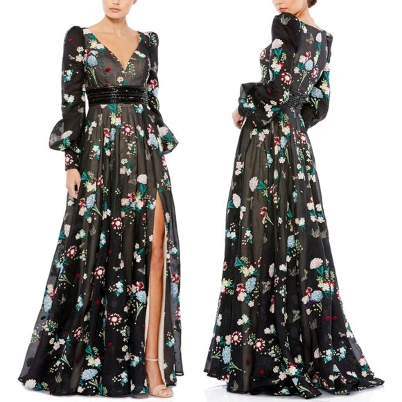 Mac Duggal Floral Embroidered Bishop Sleeve Gown Size 2